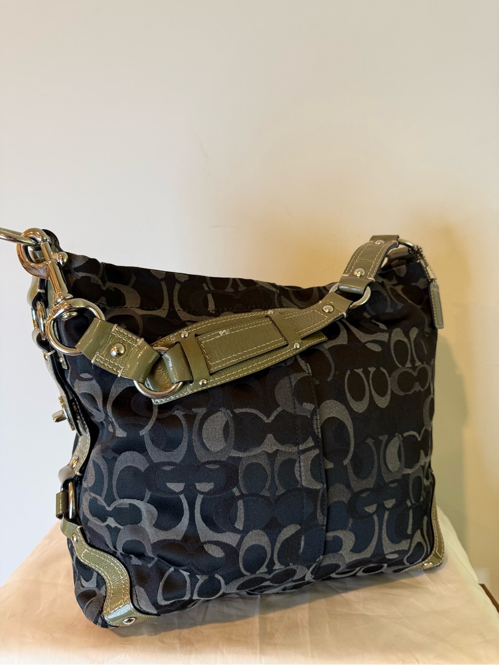 RARE! Coach (2010) Coach Carly Signature Optic Hobo Bag- Black/Olive